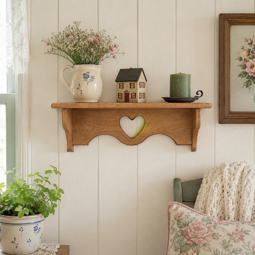 90's Country Cottage Heart Cutout Pine Wall Shelf Farmhouse 24" Grannycore